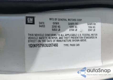 2003 Cadillac Deville Dts z USA, uszkodzony, nr VIN 1G6KF57963U267460